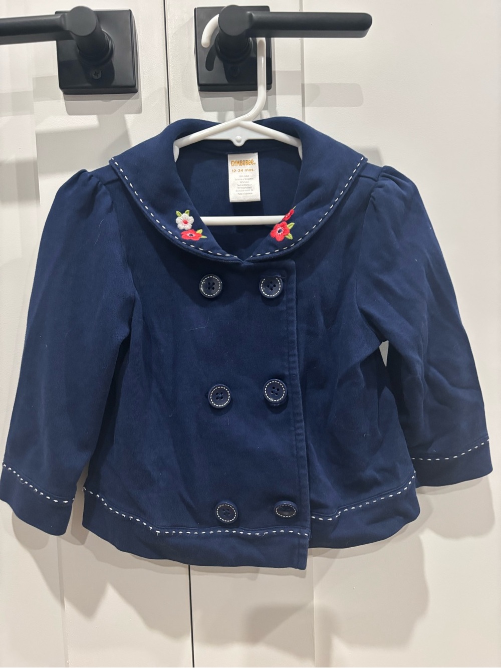 Gymboree Navy Double-Breasted Pea Coat with Floral Embroidery